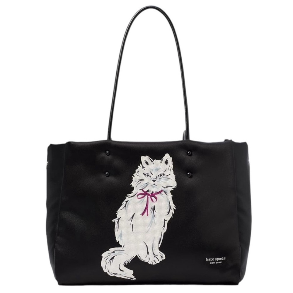 ♠️New kate spade Whiskers Cat Crystal Embellished Fabric Large Tote Black
